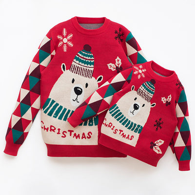 Parent-Child Outfit A Family Of Three Christmas Red Sweaters - My Store