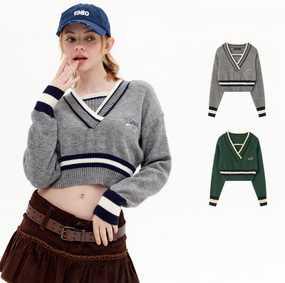 Two Color Contrast V Neck Sweaters - My Store