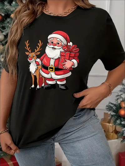 Plus Size Festive Black T-Shirt With Santa & Reindeer Print - Comfortable  Round Neck, Machine Washable - Ideal For Christmas Celebrations, Christmas Shirts, Casual, Elements - My Store