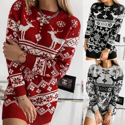 Elk Snowflake Christmas Jacquard Knitted Dress Long Knitted Sweaters - My Store