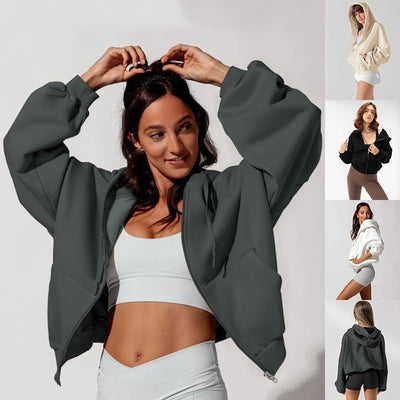 Zipper Hoodies Sports Jacket Fashion Loose Hooded Sweatshirt Casual Solid Women's Clothing - My Store