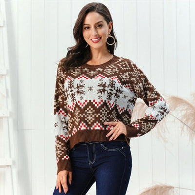 Christmas Pullover Round Neck Snowflake Sweaters Women's Clothing - My Store