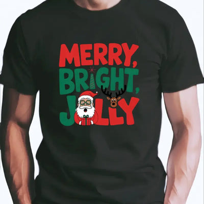 Men'S Christmas T-Shirt - Merry Bright Jolly Santa & Reindeer Print, Cotton Crew Neck, All-Season Casual Tee With Slight Stretch - My Store