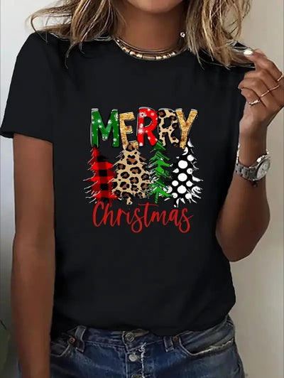 Festive Women's Christmas T-Shirt -  Leopard & Plaid Tree Design, Round Neck Short Sleeve Sporty Tee, Comfortable Machine Washable - Ideal Holiday Gift, Christmas Shirts, - My Store