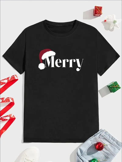 Merry Men's Casual T-shirt, Cartoon Christmas Hat Design T-shirt Round Neck - My Store