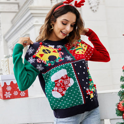 Women's Christmas Tree Snowflake Knitted Sweaters Long Sleeve Crew Neck Embroidery Pullover Knitwear Winter Tops Clothes - My Store