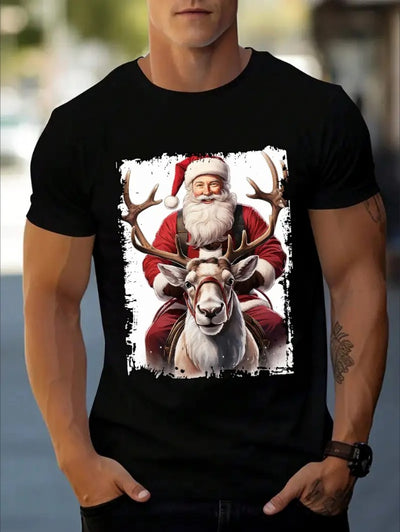 Men'S Christmas Graphic Tee, Cotton Short Sleeve T-Shirt With Santa And Reindeer Print, Casual Crew Neck Streetwear Top For All Seasons - My Store