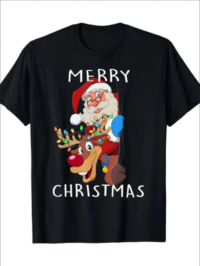 Merry Christmas Men's T-Shirt - Cotton, Crew Neck With Santa & Reindeer Print, Casual Short Sleeve Tee For Holiday Parties - My Store