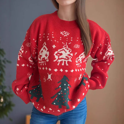 Christmas Red Sweater Women Jacquard Pullover Knitted Sweater - My Store